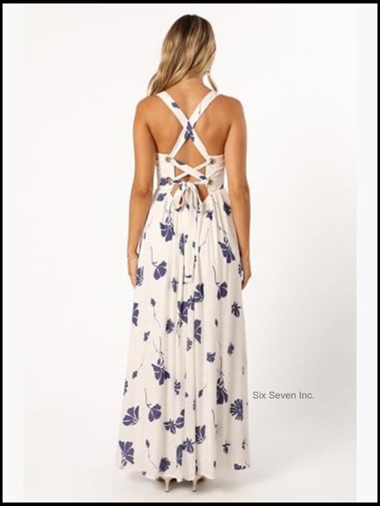 Viscose Linen Maxi Dress with Square Neck and Lace Back - Picture 4 of 7